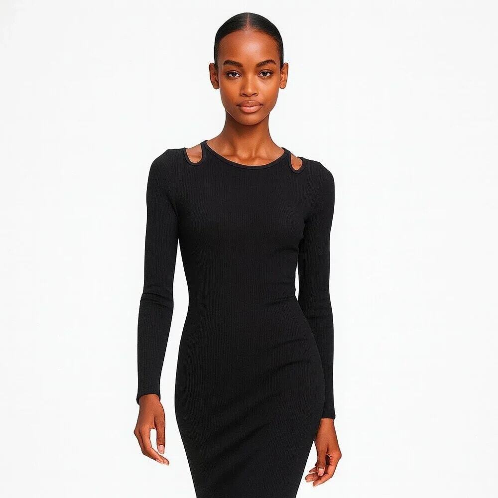 WHBM FORME Black Rib Midi Bodycon Cutout Cocktail Dress sz LRG LBD nwot